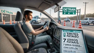 Aluno de autoescola realizando manobra de baliza durante a prova prática do Detran, atento para evitar erros eliminatórios.