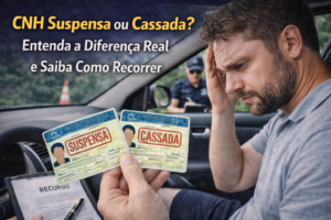 Motorista preocupado olhando para uma notificação de autuação do Detran e segurando a CNH